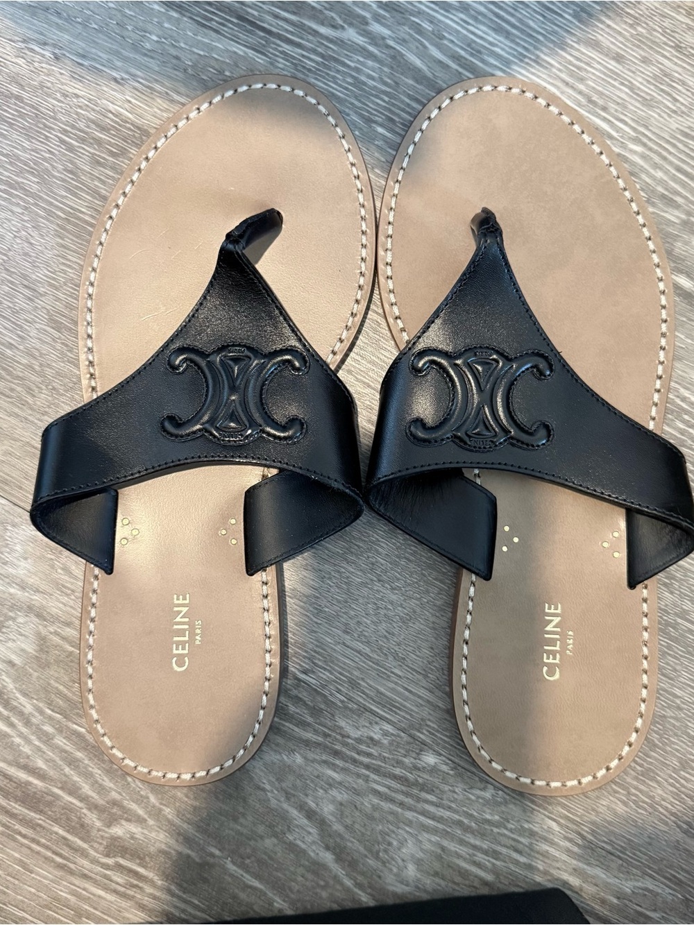 CELINE Black Triomphe Leather Logo Thong Sandals for Women